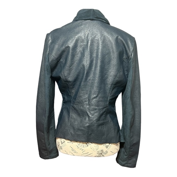 BlankNYC Draped Cowl Neck Moto Jacket Green Faux Leather Asymmetrical Zip Medium - Picture 9 of 9